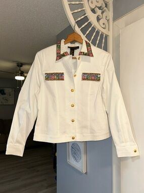 Christine Phillipe White Embellished Jean Jacket with Multicolor Trim Size 10